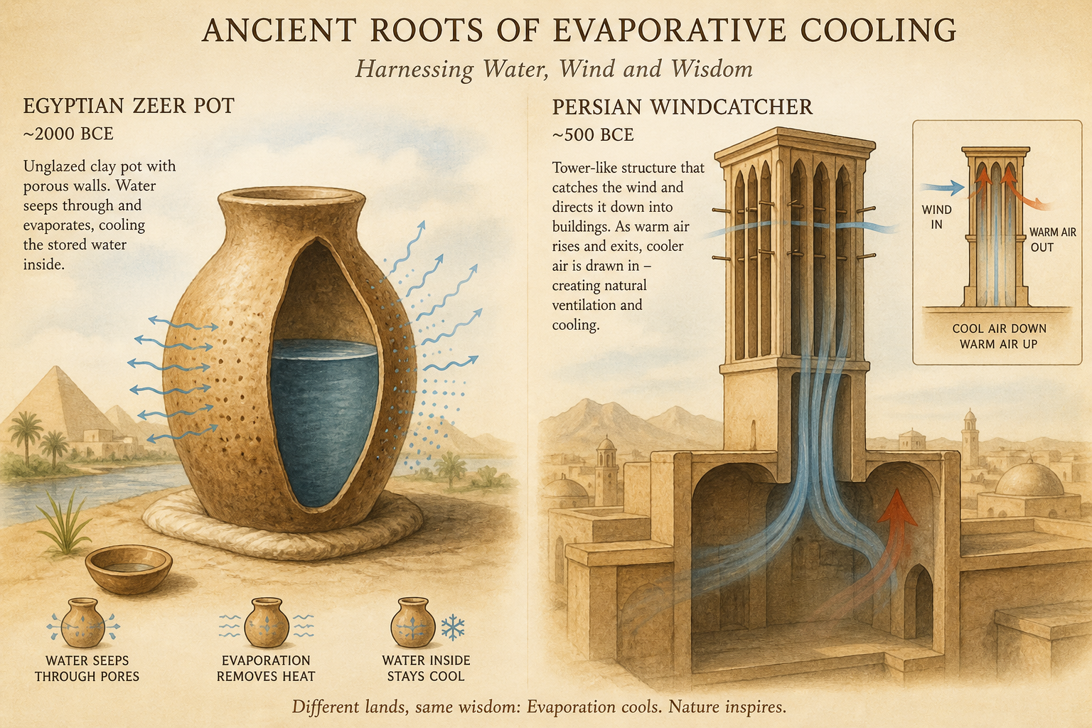 Egyptian zeer pot and Persian windcatcher illustrating early evaporative cooling