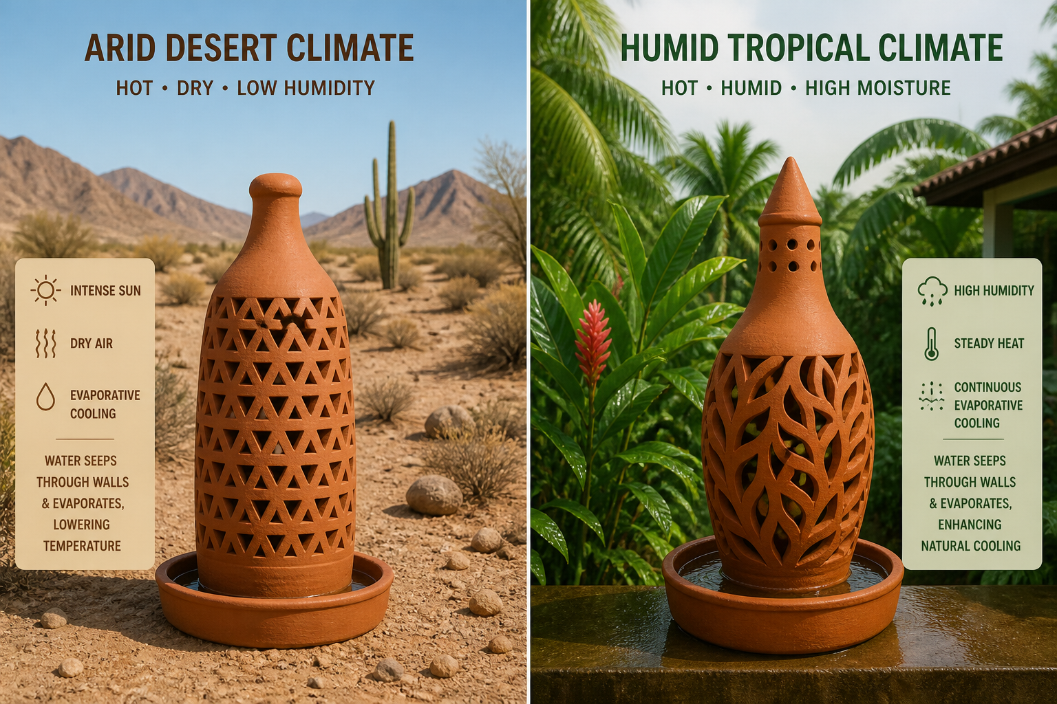 Split composition comparing arid desert climate mode and humid tropical climate mode