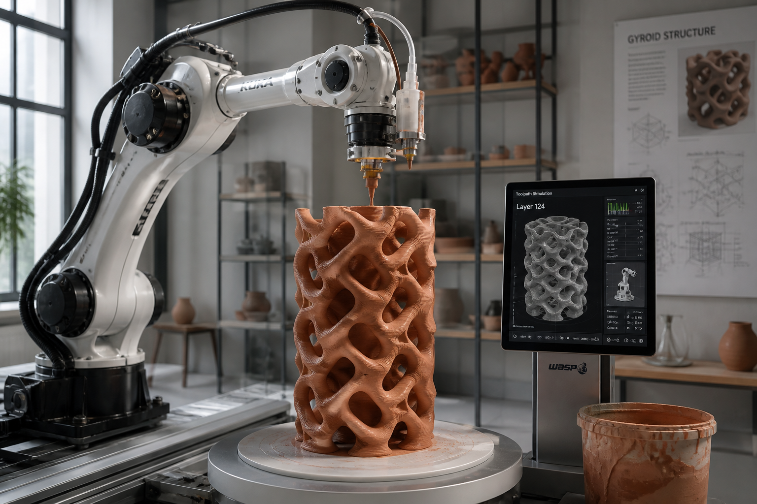 Robotic arm performing liquid deposition modeling to 3D print a terracotta gyroid sculpture