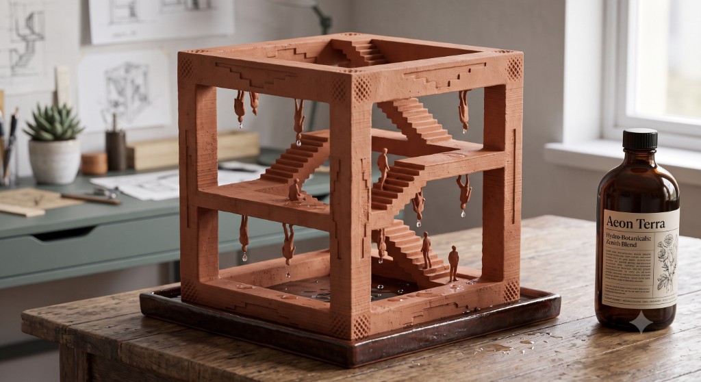 The Penrose Matrix (The Escher Relativity Cube) terracotta evaporative cooling sculpture